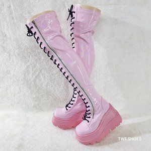 Demonia Factory Color Defect Pink Hologram OTK Platform Thigh Boots